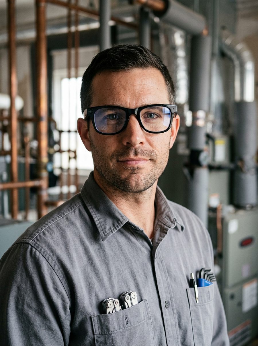 A technician in a boiler room wearing smart glasses.